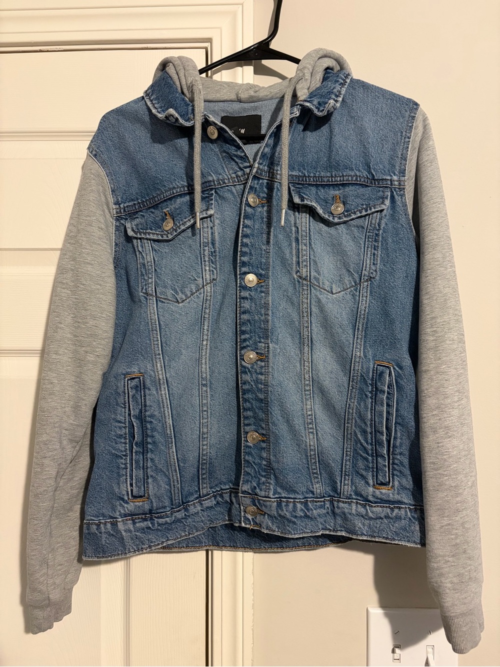 H&M Light Blue Denim Jacket with Gray Knit Sleeves and Hooded Sweatshirt Detail